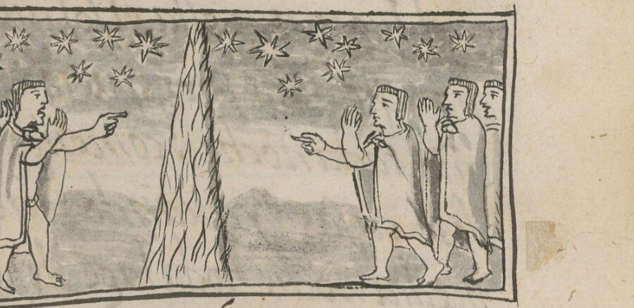 A 16th-century woodcut-style illustration from the Florentine Codex, Book 12, folio 1r, showing Nahua figures pointing at a pyramidal flame of fire burning in the starry night sky &mdash; the first of the Eight Omens