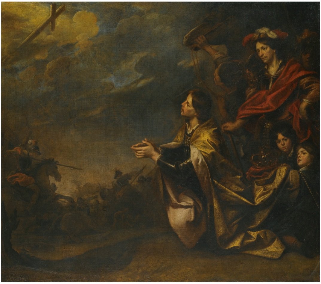 The Emperor Constantine's Vision of the Cross before the Battle of the Milvian Bridge — a 17th-century oil painting by Theodoor Boeyermans, depicting the cross of light above a battle scene