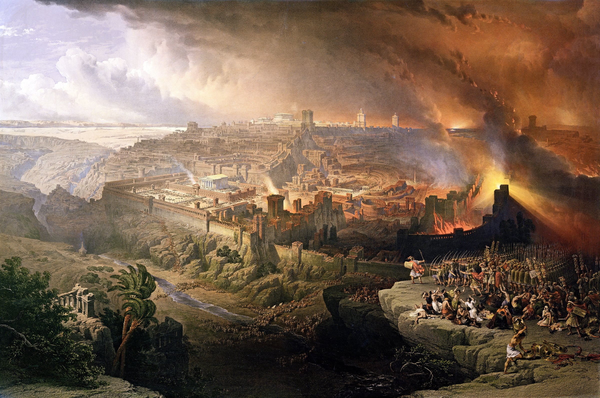 The Siege and Destruction of Jerusalem by the Romans Under the Command of Titus, A.D. 70 — an 1850 lithograph by Louis Haghe after a painting by David Roberts, showing the burning city as seen by Roman soldiers on a nearby hilltop