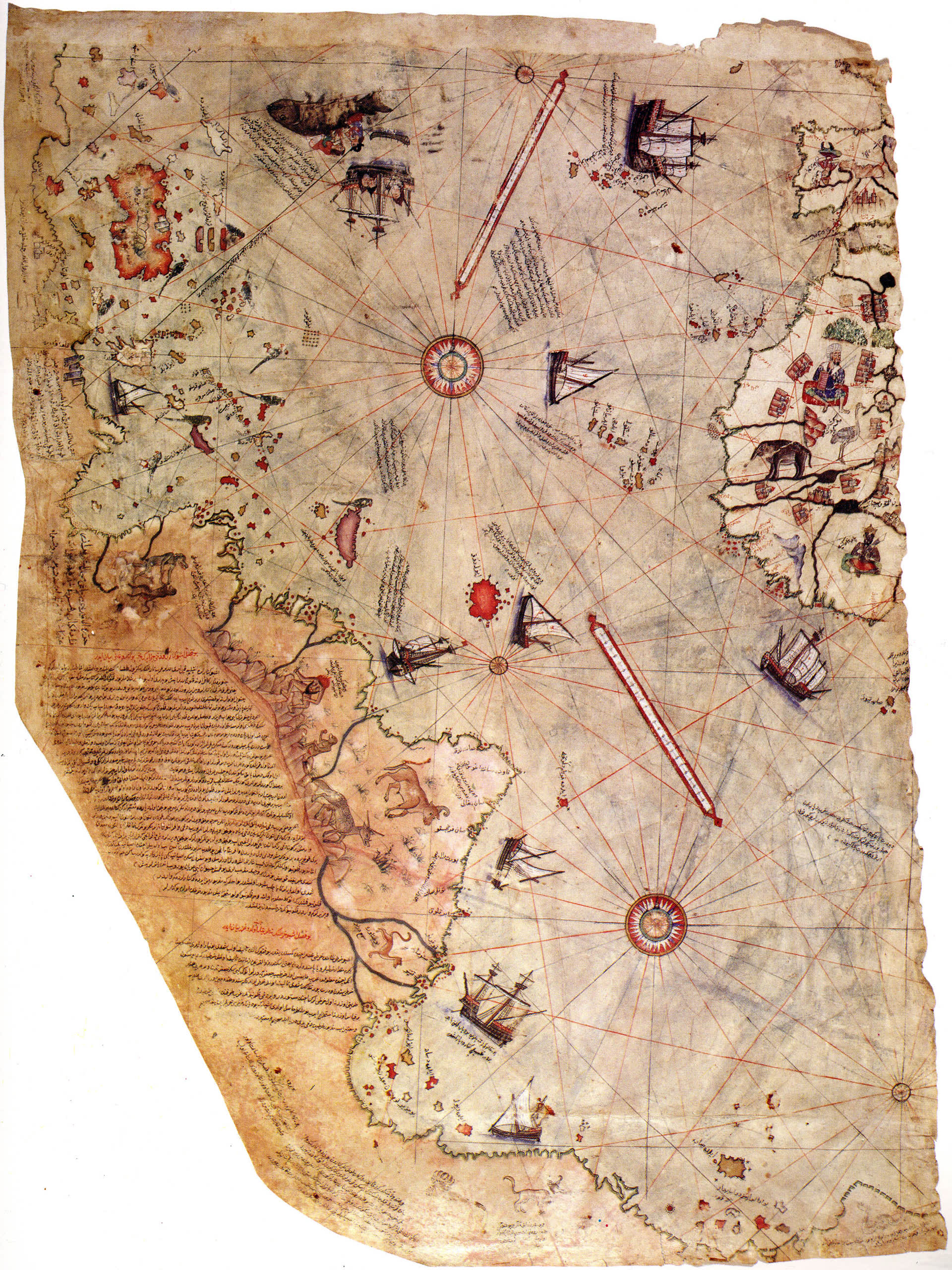 The surviving fragment of Piri Reis's 1513 world map, drawn on gazelle-skin parchment, showing the Atlantic coasts of Europe, Africa, and South America