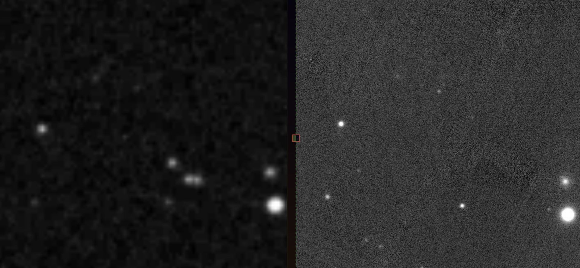 A published VASCO research figure showing a 'triplet glint' of three point-source transients captured on a red-sensitive First Palomar Observatory Sky Survey (POSS-I) plate from the 1950s, compared against a modern Pan-STARRS image of the same sky region showing no corresponding sources