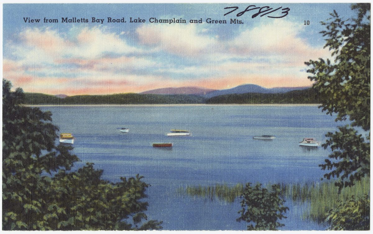 Vintage postcard view of Malletts Bay on Lake Champlain, Vermont, looking toward the Green Mountains