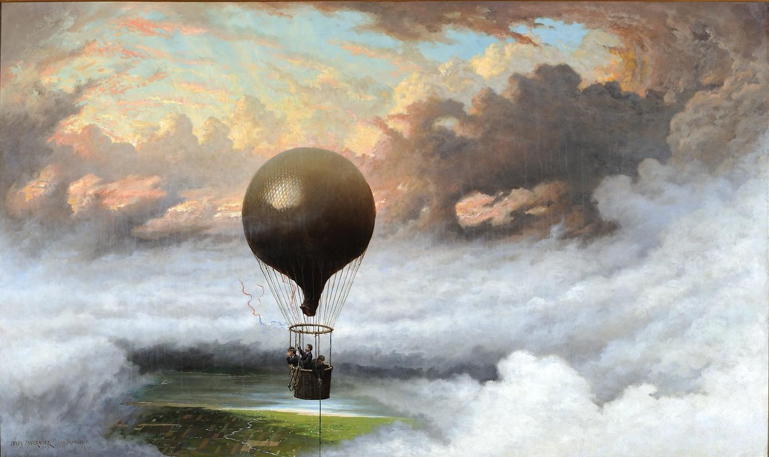 'A Balloon in Mid-Air' by Jules Tavernier, 1875, depicting a period hot-air balloon flight, illustrative of the conventional explanation offered by the original 1878 newspaper report