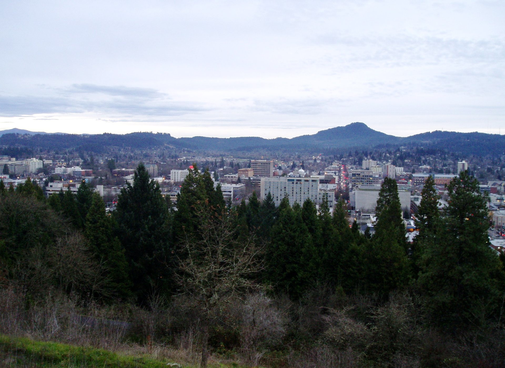 Downtown Eugene, Oregon skyline and Spencer Butte, viewed from Skinner Butte