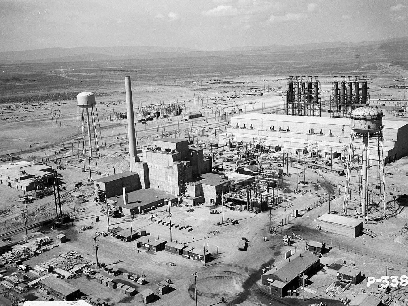 The B Reactor area of the Hanford Site, Washington State, photographed circa 1944 by the U.S. Army Corps of Engineers — the same restricted plutonium-production complex whose airspace was the subject of the May 21, 1949 radar-visual intercept