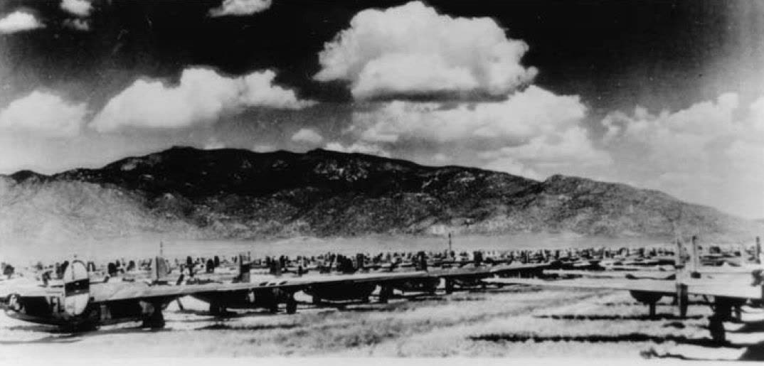 A 1946 U.S. Army Air Forces photograph of aircraft storage at Kirtland Field, New Mexico — the same installation, later renamed Kirtland Air Force Base, whose security police reported the August 1980 sightings near the adjoining Manzano Weapons Storage Area