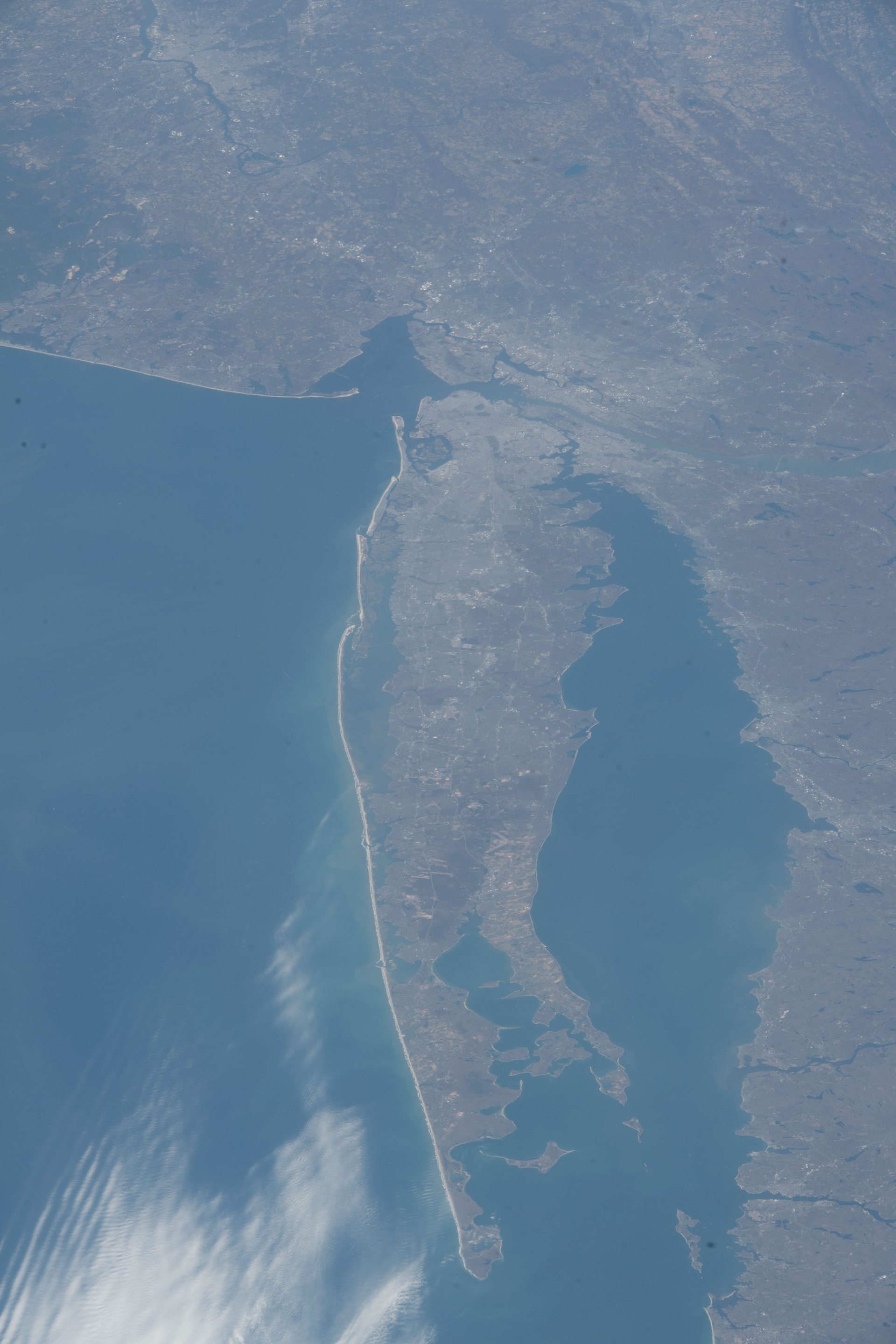 NASA astronaut photograph of Long Island, New York and the surrounding coastline at night, taken from the International Space Station