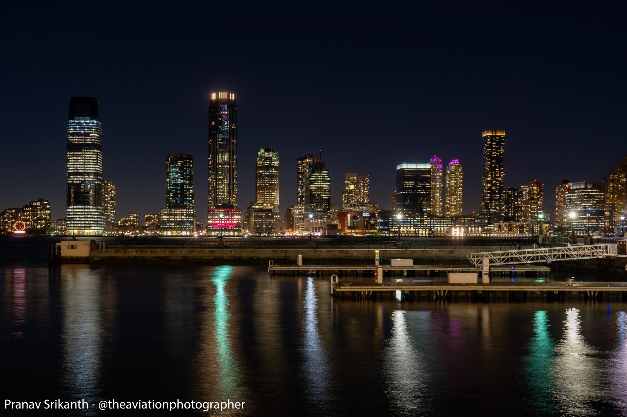 Jersey City skyline at night, viewed from New York, October 2023, illustrative of the region where drone reports concentrated