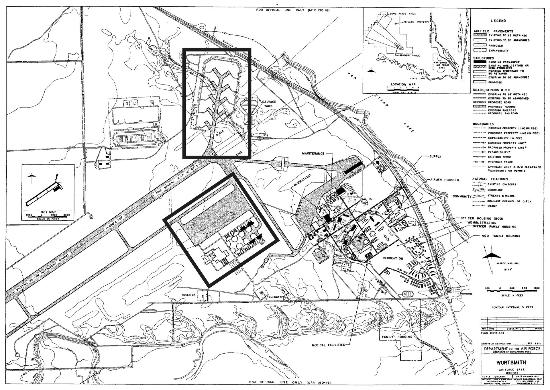 A Cold War-era photograph of the Strategic Air Command 'Christmas tree' alert apron and tanker pen at Wurtsmith Air Force Base, Oscoda, Michigan — the same alert infrastructure the KC-135 involved in the October 30, 1975 intercept would have launched from