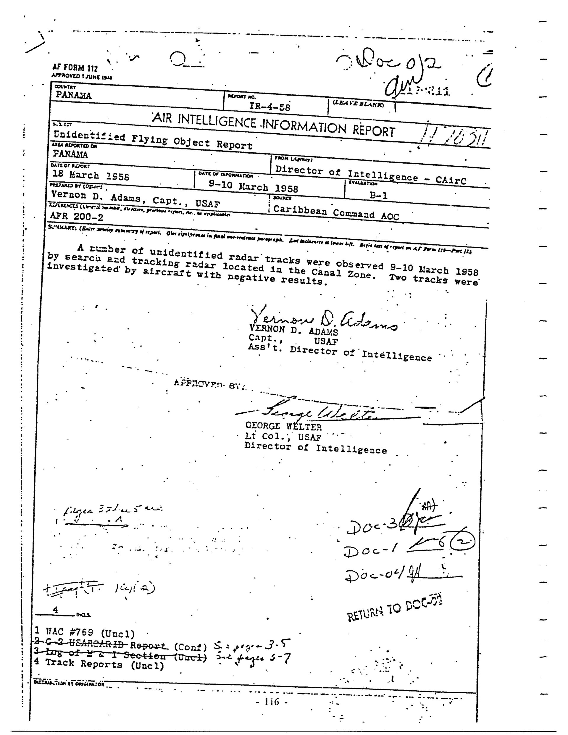Page one of Air Intelligence Information Report No. IR-4-58, the declassified USAF Caribbean Air Command document on the March 1958 Panama Canal Zone radar sighting
