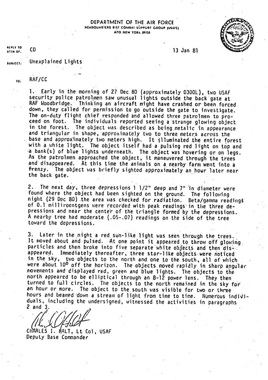 The declassified Halt Memorandum, January 13, 1981 — Lt. Col. Charles Halt's official USAF report describing the 'unexplained lights' witnessed near RAF Woodbridge
