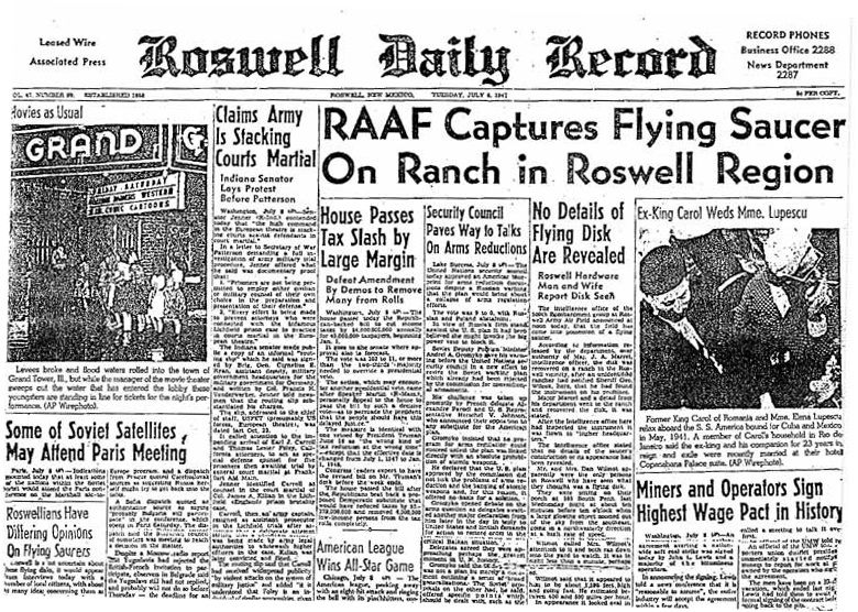 The Roswell Daily Record front page, July 8, 1947 — 'RAAF Captures Flying Saucer On Ranch in Roswell Region'