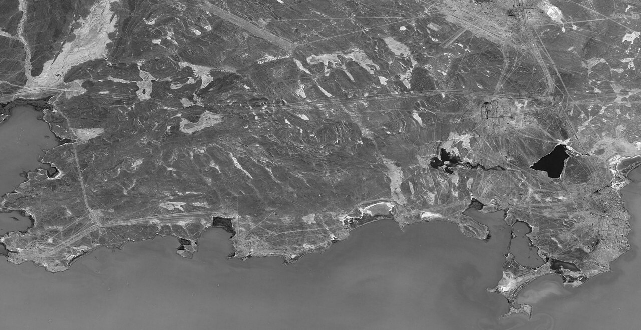 A declassified U.S. National Reconnaissance Office satellite photograph of the Sary Shagan missile testing range, Kazakhstan, captured April 21, 1966