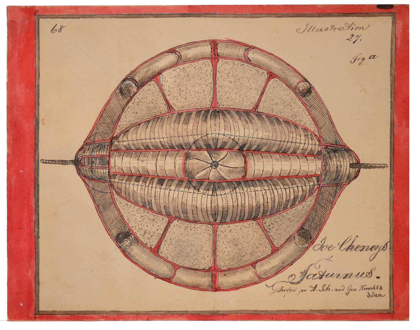 Charles Dellschau's watercolor and ink illustration 'Joe Cheney's Saturnus,' a disc-shaped 'Aero' airship design from his notebooks, public domain via Wikimedia Commons