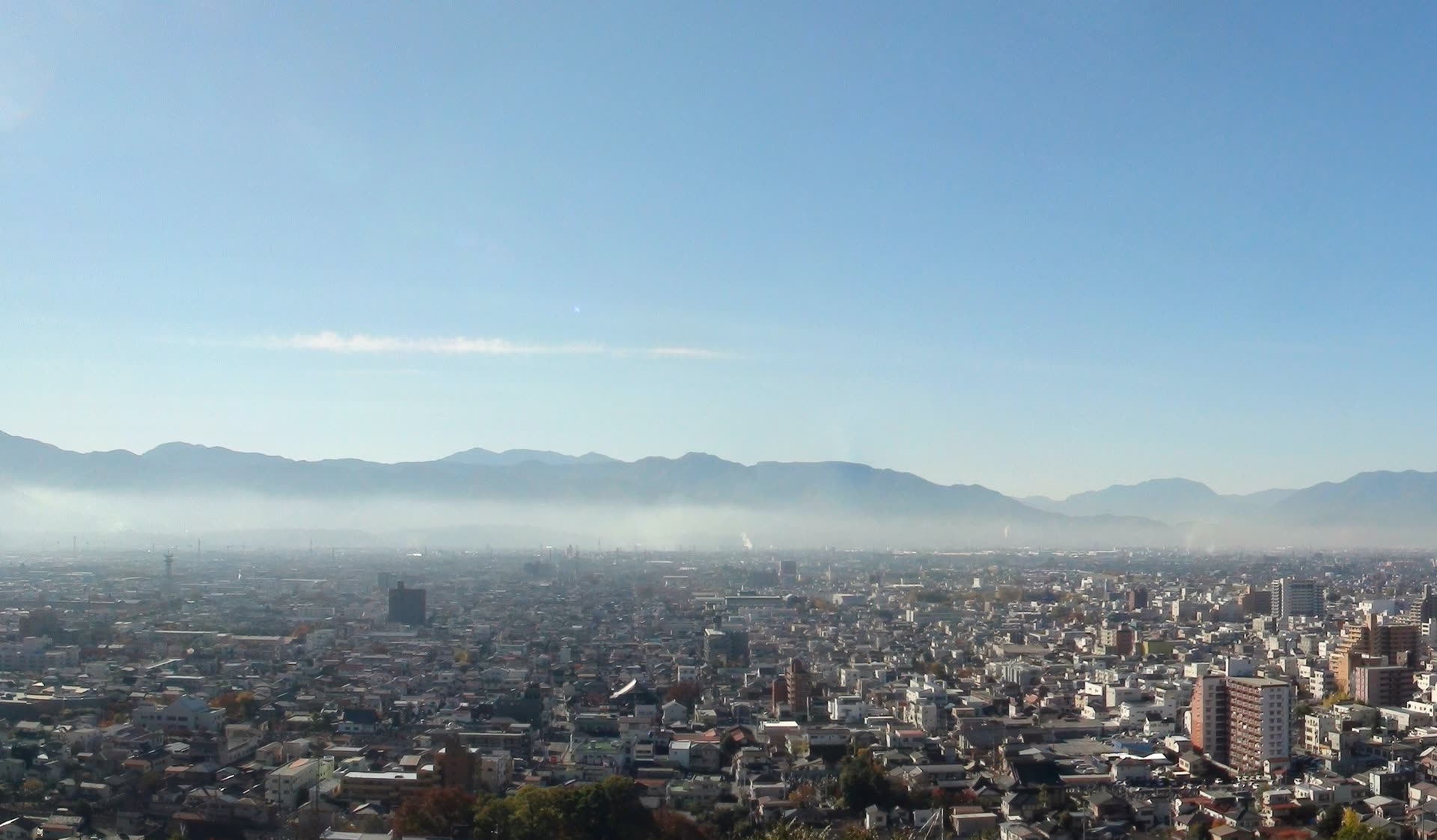 Panoramic view of the Kōfu Basin, Yamanashi, Japan, seen from Mt. Atago